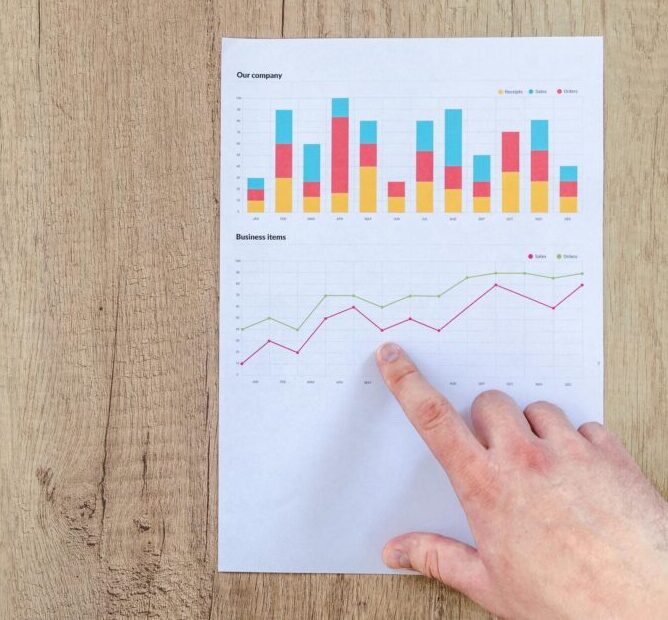 Hand analyzing business graphs on a wooden desk, focusing on data results and growth analysis.